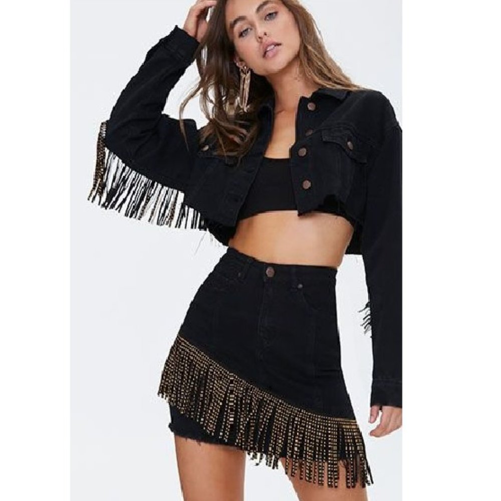 Forever 21 Black and Gold Fringe Skirt and Jacket (Cropped) Set